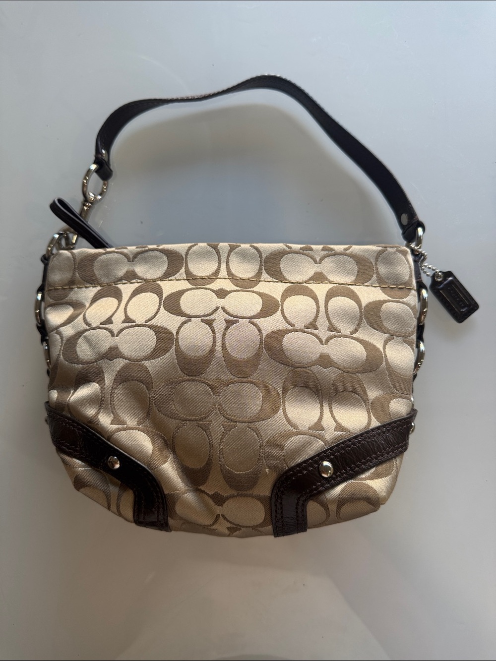 Coach Mini Carly Signature Jacquard Shoulder Bag in Khaki/Brown